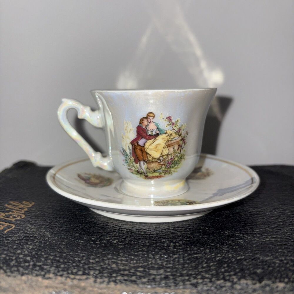 Vintage Zajecar Lusterware Courting Couple Demitasse Cup & Saucer
